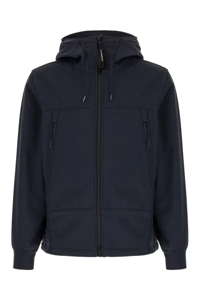 C.p. Company Blue Jacket With Drawstring Hood And Decorative Googles