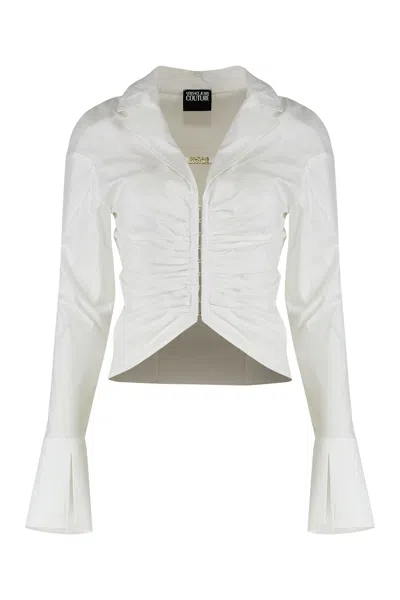 Versace Jeans Couture Cotton Shirt With Collar And Ruched Front In White