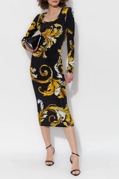 Versace Jeans Couture Midi Dress Featuring Signature Barocco Print In Black