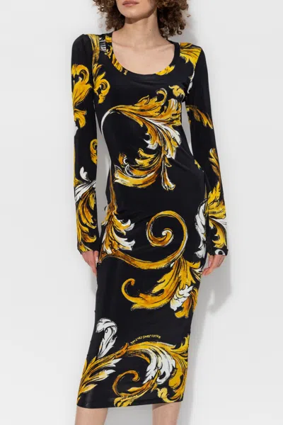 Versace Jeans Couture Midi Dress Featuring Signature Barocco Print In Black