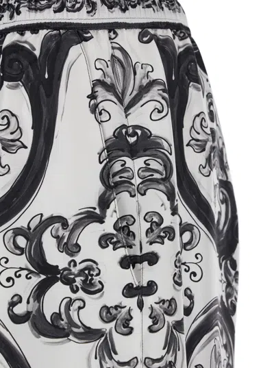 Dolce & Gabbana Maiolica Black And White Shorts With Elastic Drawstring Closure And All-over Print In Silk Man