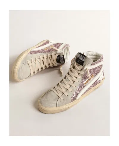 Golden Goose Slide In Lilac Glitter With White Leather Star And Flash