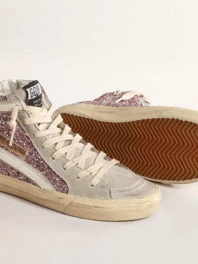 Golden Goose Slide In Lilac Glitter With White Leather Star And Flash
