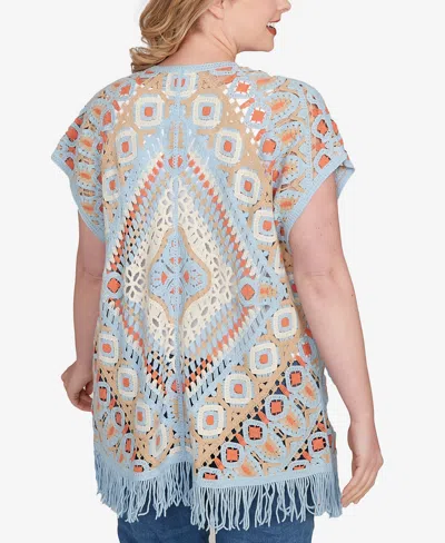 Ruby Rd. Plus Size Crochet Fringe Short Sleeve Cardigan Sweater