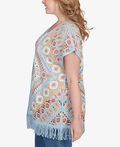 Ruby Rd. Plus Size Crochet Fringe Short Sleeve Cardigan Sweater