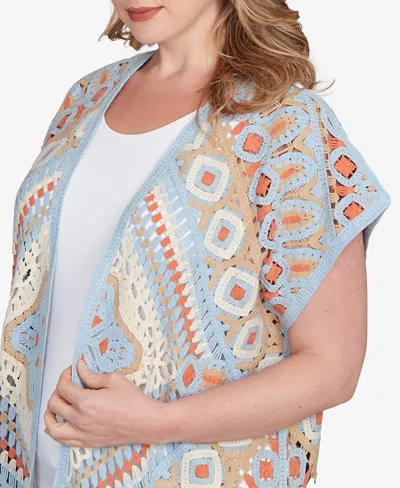 Ruby Rd. Plus Size Crochet Fringe Short Sleeve Cardigan Sweater