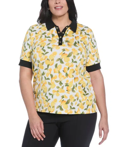 Rafaella Plus Size Lemon Print Buttoned Elbow Length Sleeve Polo T-shirt In Yellow