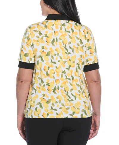 Rafaella Plus Size Lemon Print Buttoned Elbow Length Sleeve Polo T-shirt In Yellow