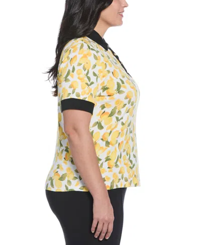 Rafaella Plus Size Lemon Print Buttoned Elbow Length Sleeve Polo T-shirt In Yellow
