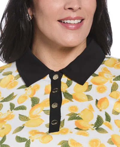 Rafaella Plus Size Lemon Print Buttoned Elbow Length Sleeve Polo T-shirt In Yellow