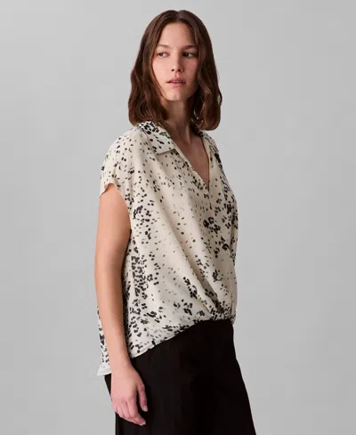 Calvin Klein Women's Printed Chiffon Faux-wrap Cap-sleeve Top In Multi