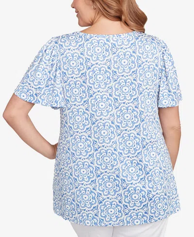 Ruby Rd. Plus Size Beaded Macrame Puff Print Top