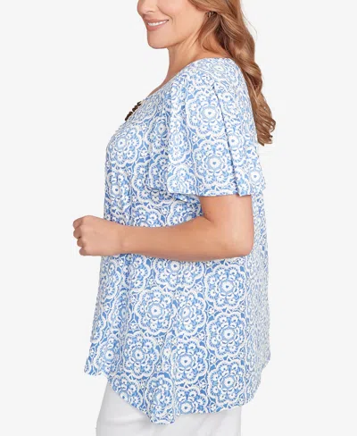 Ruby Rd. Plus Size Beaded Macrame Puff Print Top