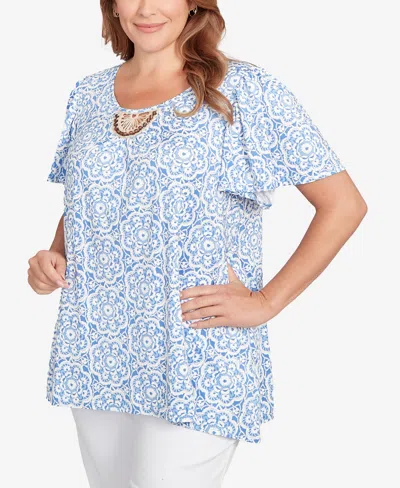 Ruby Rd. Plus Size Beaded Macrame Puff Print Top