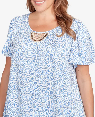 Ruby Rd. Plus Size Beaded Macrame Puff Print Top