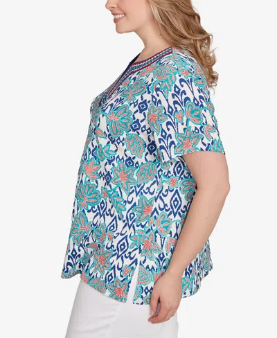 Ruby Rd. Plus Size Floral Overlay Ikat Embroidered Top