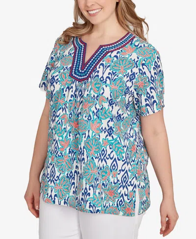 Ruby Rd. Plus Size Floral Overlay Ikat Embroidered Top