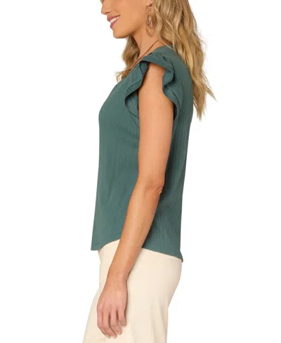 Democracy Petite Flutter-sleeve Split-neck Top In Green