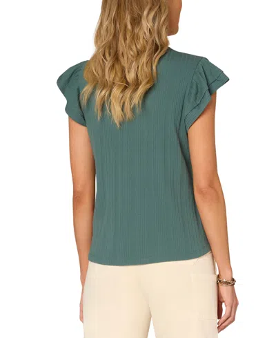 Democracy Petite Flutter-sleeve Split-neck Top In Green
