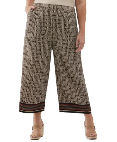 Ella Rafaella Plus Size Medallion Print Wide Leg Crop Pants In Brown