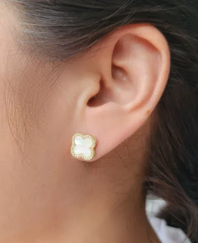 Adornia 14k Gold Plated Mother Of Pearl Halo Cz Clover Stud Earrings