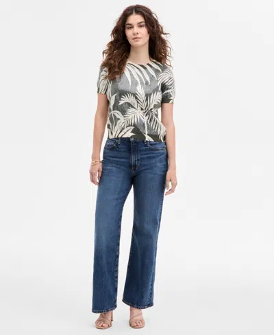 Guess Womens Sequin Printed Short Sleeve Sweater High Rise Wide Leg Jeans In Green
