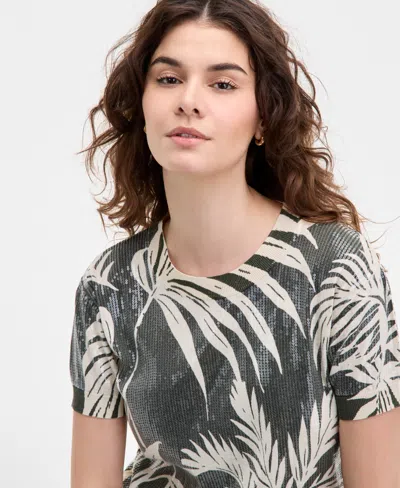 Guess Womens Sequin Printed Short Sleeve Sweater High Rise Wide Leg Jeans In Green