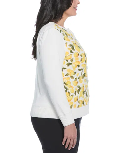 Rafaella Plus Size Lemon Print Woven Front Long Sleeve Cardigan Sweater In Yellow