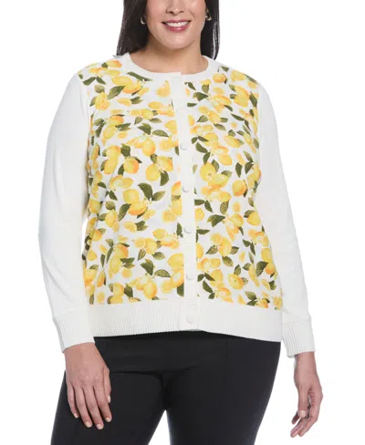Rafaella Plus Size Lemon Print Woven Front Long Sleeve Cardigan Sweater In Yellow