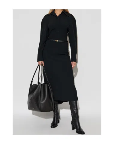 Victoria Beckham Satin Shirt Dress With Ruching And Buttons In Black