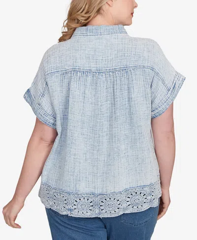 Ruby Rd. Plus Size Snow Washed Crochet Hem Collared Shirt In Blue
