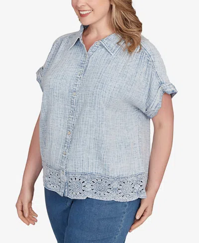 Ruby Rd. Plus Size Snow Washed Crochet Hem Collared Shirt In Blue
