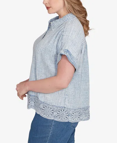Ruby Rd. Plus Size Snow Washed Crochet Hem Collared Shirt In Blue