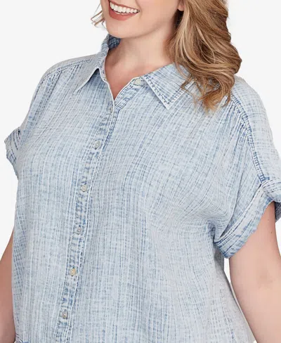 Ruby Rd. Plus Size Snow Washed Crochet Hem Collared Shirt In Blue