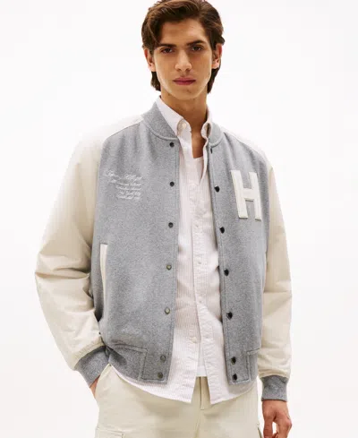 Tommy Hilfiger Mixed Media Varsity Sweatshirt Bomber In Gray