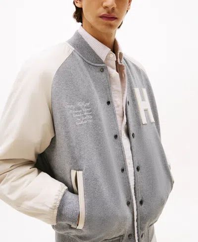 Tommy Hilfiger Mixed Media Varsity Sweatshirt Bomber In Gray