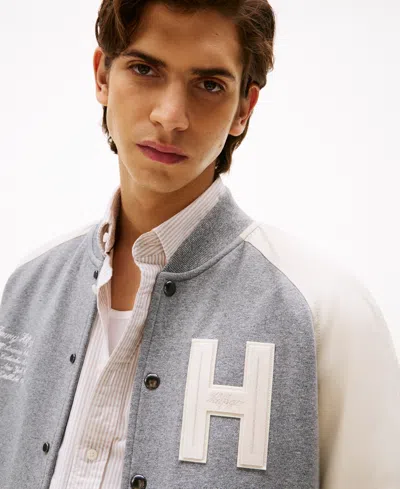 Tommy Hilfiger Mixed Media Varsity Sweatshirt Bomber In Gray