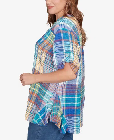 Ruby Rd. Plus Size Crinkle Knit Plaid Button Down Top