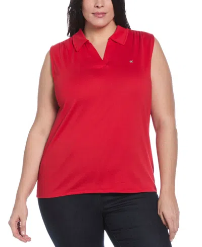 Rafaella Plus Size Ribbed V-neck Sleeveless Polo T-shirt In Red