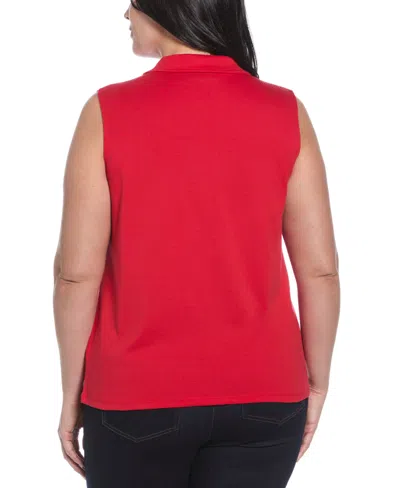 Rafaella Plus Size Ribbed V-neck Sleeveless Polo T-shirt In Red