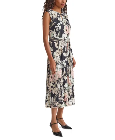 Kasper Print Tie Waist Sleeveless Midi Dress In Black