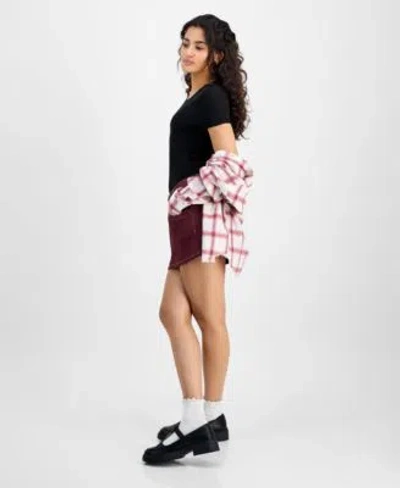 Just Polly Juniors Girlfriend Frayed Hem Plaid Shirt Planet Heart Bodysuit Celebrity Pink Double Button Mini Sk