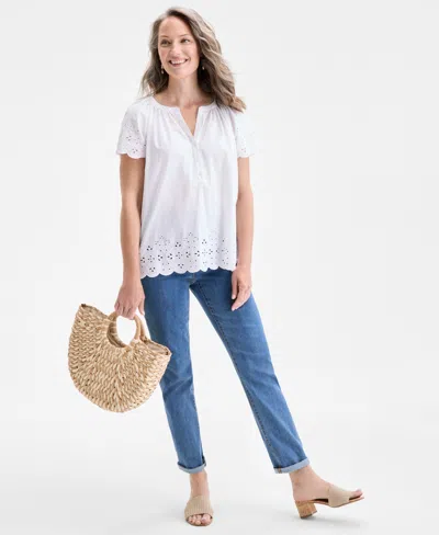 Style & Co Petite Eyelet Embroidered Cotton Flutter-sleeve Top, Exclusively At Macy's In White