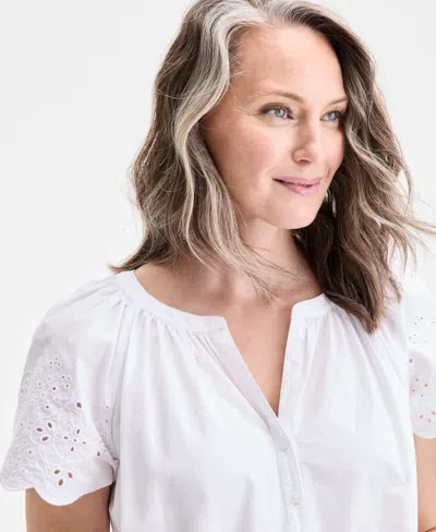 Style & Co Petite Eyelet Embroidered Cotton Flutter-sleeve Top, Exclusively At Macy's In White