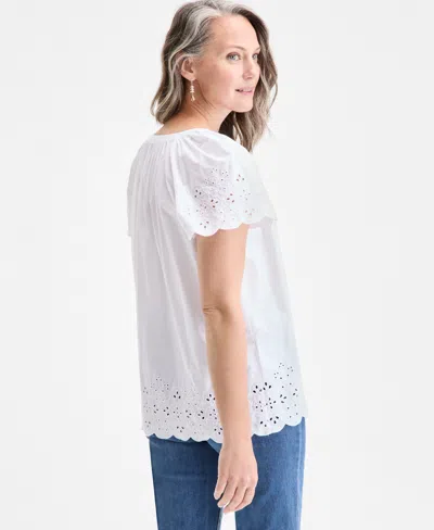Style & Co Petite Eyelet Embroidered Cotton Flutter-sleeve Top, Exclusively At Macy's In White