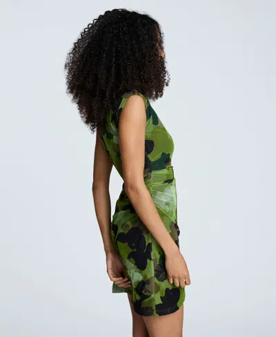 Kenneth Cole Printed Mesh Side Rouched Pullover Faux Wrap Mini Dress In Green