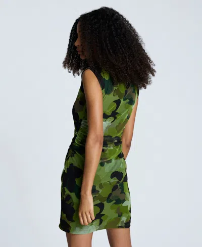 Kenneth Cole Printed Mesh Side Rouched Pullover Faux Wrap Mini Dress In Green