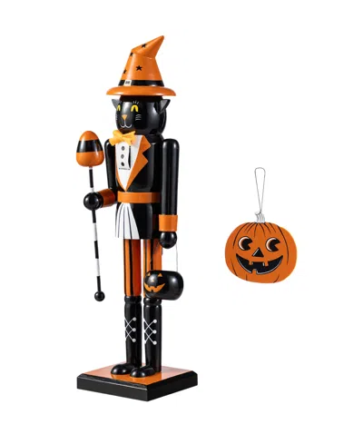 Glitzhome Halloween Wooden Black Cat Nutcracker With Pumpkin Ornament, Set Of 2