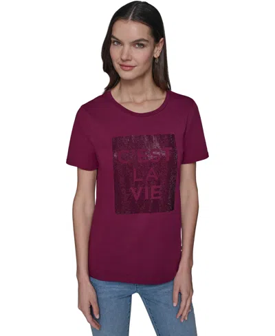Karl Lagerfeld Women's Embellished C'est La Vie Crystal Top In Burgundy
