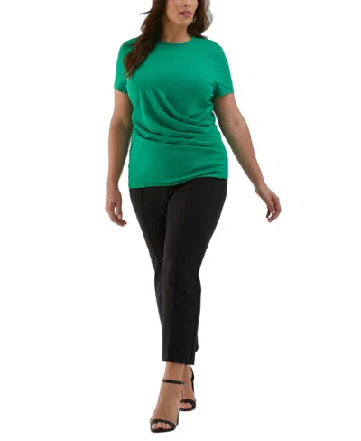 Ella Rafaella Plus Size Asymmetrical Wrap Short Sleeve Top In Green